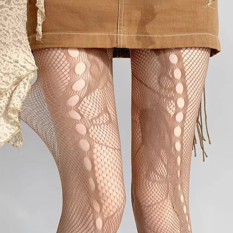 2024 New Women Sexy Hollowed Out Fishnet Tights Rose Jacquard Lace Mesh Body Stockings Nylon Elastic Slim Leg Thigh Pantyhose