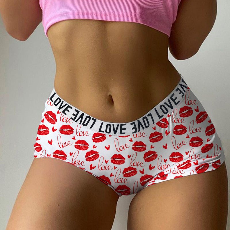 Sexy Lips Print Boxer Brief Valentine'S Day Lingeie High Waist Boyshort Love Underpants Female Underwear