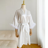 Fashion Satin Robe Female Bathrobe Sexy Lingerie Silk Kimono Bride Dressing Gown Women Sleepwear Furry 3/4 Sleeve Gown Bathrobe