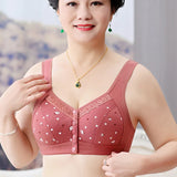 Comfortable Soft Bras Cotton Front-Close Bralette Wide Strap Buttons V Neck Padded Push Up Plus Size Middle Age Women Underwear